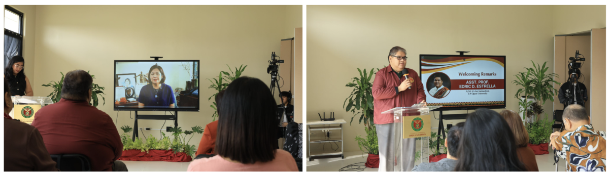 UPOU Chancellor Dr. Joane V. Serrano reaffirms UPOU’s commitment to quality education in a recorded opening message (left), while A2VCAA for Instruction Prof. Edric Estrella delivers the welcome remarks (right).